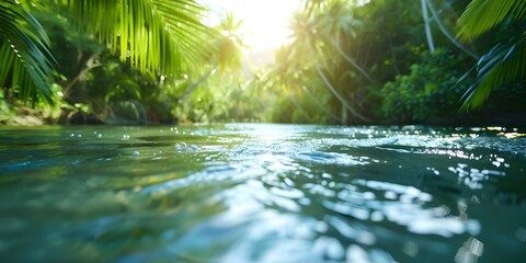 Sunlight filtering through branches as tropical river flows through dense jungle. Concept Nature, Tropical, Sunlight, River, Jungle