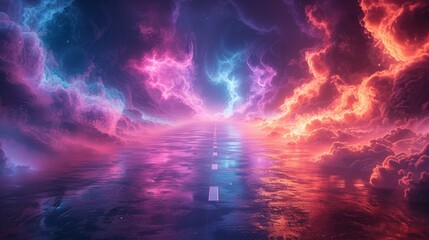 Fototapeta premium Empty roadway with vibrant neon reflections and drifting smoke under a dark sky.