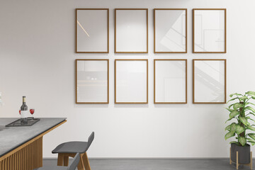 3d render of frames mockup in the pantry room of minimal design. Gray cement floor, white wall and wood ceiling. Set 34