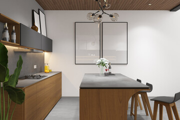 3d render of frames mockup in the pantry room of minimal design. Gray cement floor, white wall and wood ceiling. Set 35