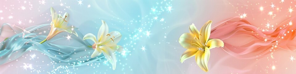 Delicate rose and soft azure streams twist and meld on a gradient canvas, accented by neon yellow lilies and a smattering of white stars, evoking the joy of a sunny day.