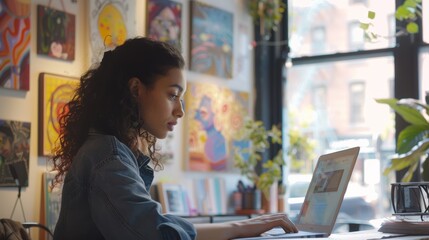 Focused woman typing on a laptop, with large windows in the background letting in natural light, and various art pieces on display