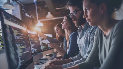 Group of business and tech team members sharing ideas and working on a software development project in a collaborative workspace