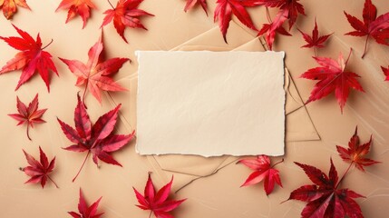 Obraz premium Minimal Autumn Mock Up Blank Paper and Red Leaves on Beige Background