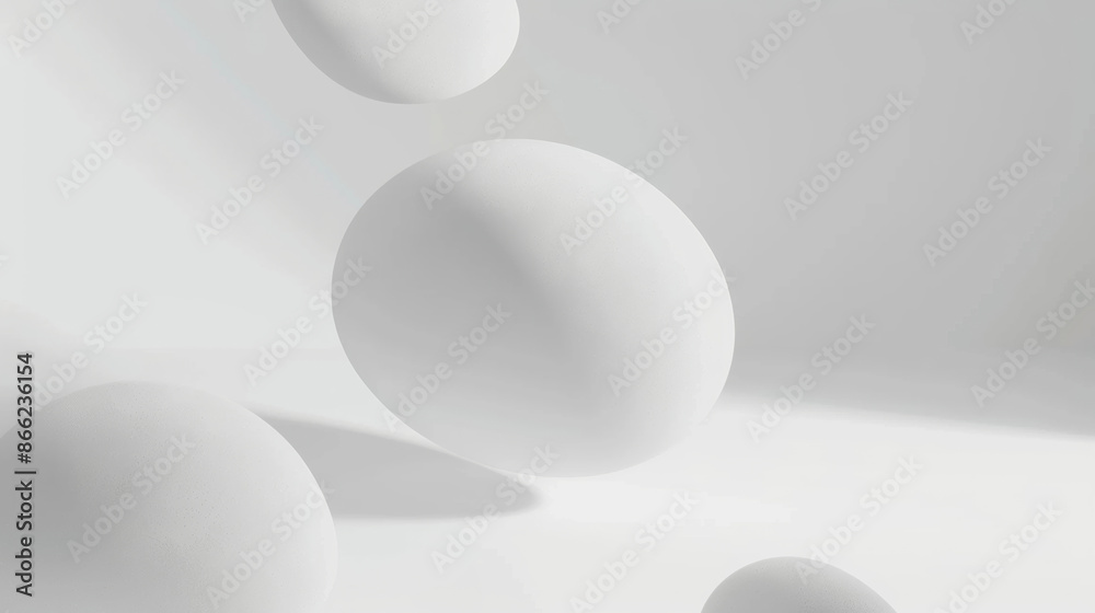 Wall mural all white round floating object, irregular shape with rounded matte texture, artistic design, blurre