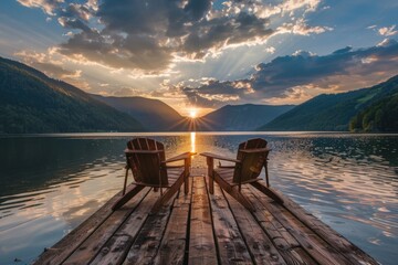 Obraz premium Wooden Chairs. Tranquil Empty Chairs on Pier Overlooking Lake at Sunset