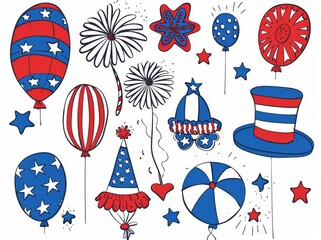 Obraz premium Festive 4th of July elements with balloons, stars, and patriotic decorations