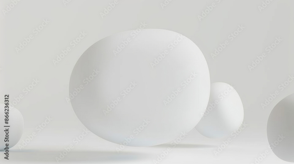 Wall mural all white round floating object, irregular shape with rounded matte texture, artistic design, blurre