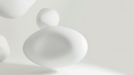 all white round floating object, irregular shape with rounded matte texture, artistic design, blurred foreground, white empty space