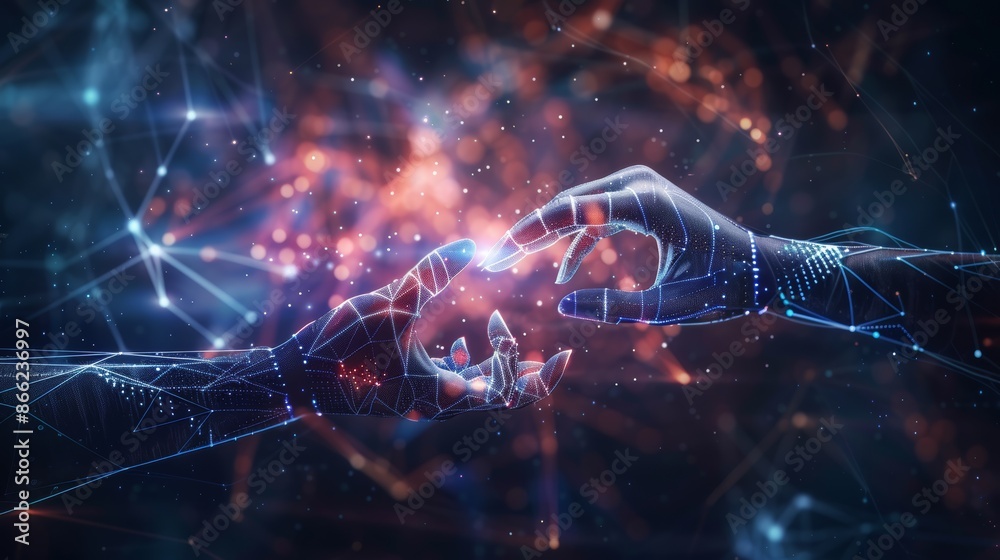 Aufkleber human and robotic hands coming together with a background of futuristic data visualizations, showcas