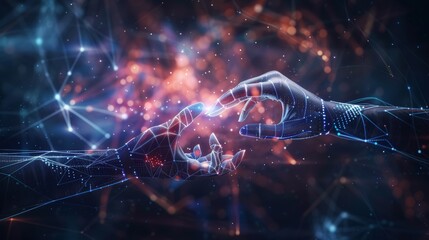 Human and robotic hands coming together with a background of futuristic data visualizations, showcasing innovation in artificial intelligence