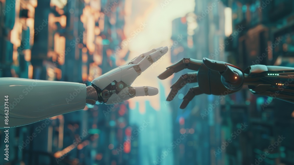Poster Human hand and robotic hand reaching towards each other with a futuristic cityscape in the background, representing the future of AI and technology