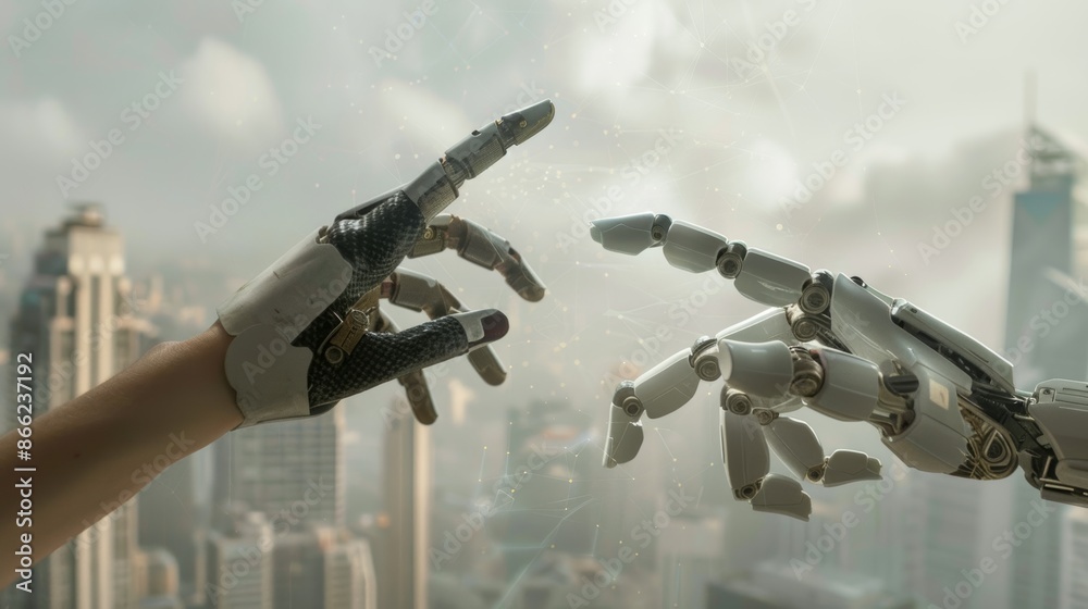 Aufkleber human hand and robotic hand reaching towards each other with a futuristic cityscape in the backgroun
