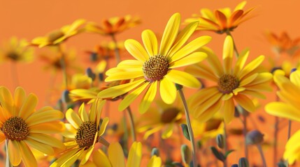 Fototapeta premium 3d render of yellow daisies field on orange background