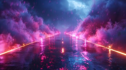 Lonely urban road with neon lights bouncing off wet surfaces and swirling smoke.