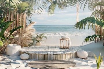 Obraz premium Product podium with beach summer furniture outdoors.