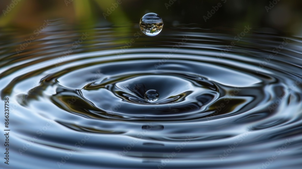 Aufkleber macro shot of a clear water drop hitting a smooth water surface, with perfectly concentric circles r