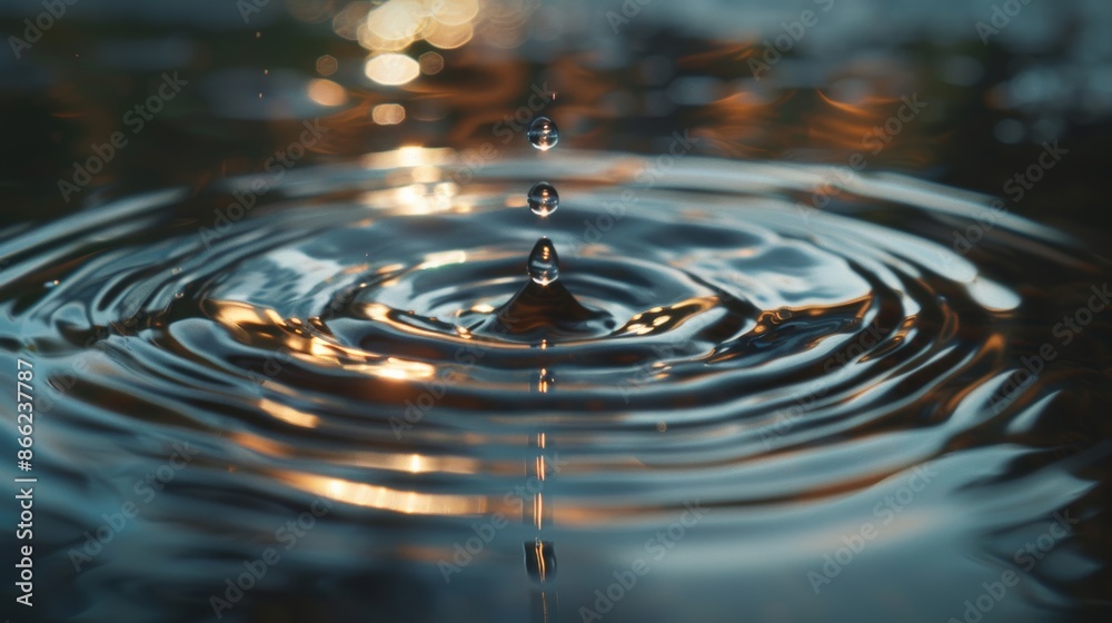 Poster macro shot of a clear water drop hitting a smooth water surface, with perfectly concentric circles r