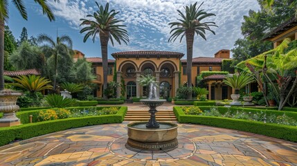 Luxurious mansion with a grand entrance, well-maintained landscaping, and a fountain