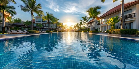 Obraz premium Upscale Resort with Modern Architecture, Luxurious Pool, and Upscale Amenities for Ultimate Relaxation. Concept Luxury Resort, Modern Architecture, Upscale Amenities, Relaxation, Luxurious Pool