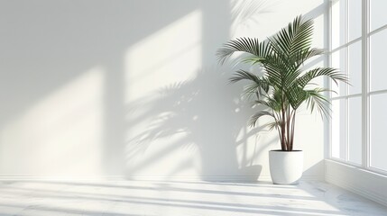 A white room with a large plant in a white pot