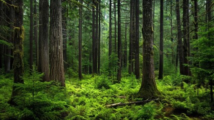 Obraz premium Majestic spruce, fir, and pine trees towering over a lush green undergrowth in a tranquil forest setting