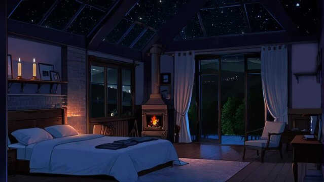 The beauty of the night sky and the beauty of the mountains,Celebration from inside the room with a fireplace