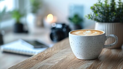 A white coffee cup with a leaf design sits on a wooden table