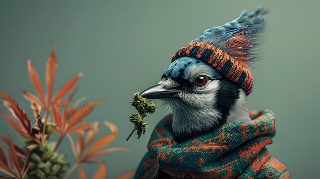 Surreal Blue Jay Cannabis Portrait with Reggae Inspired Attire