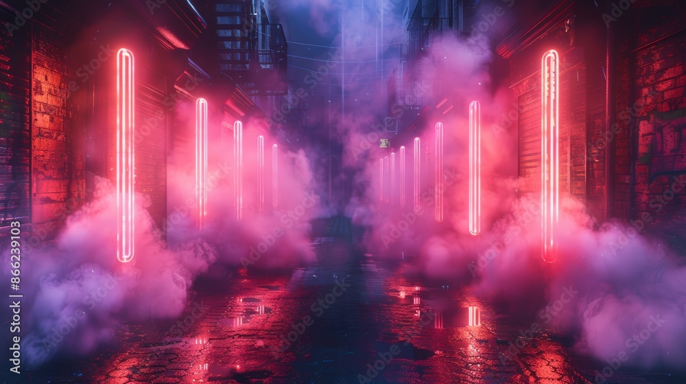Poster Mysterious smoke and neon reflections creating an abstract light display in an empty alley.