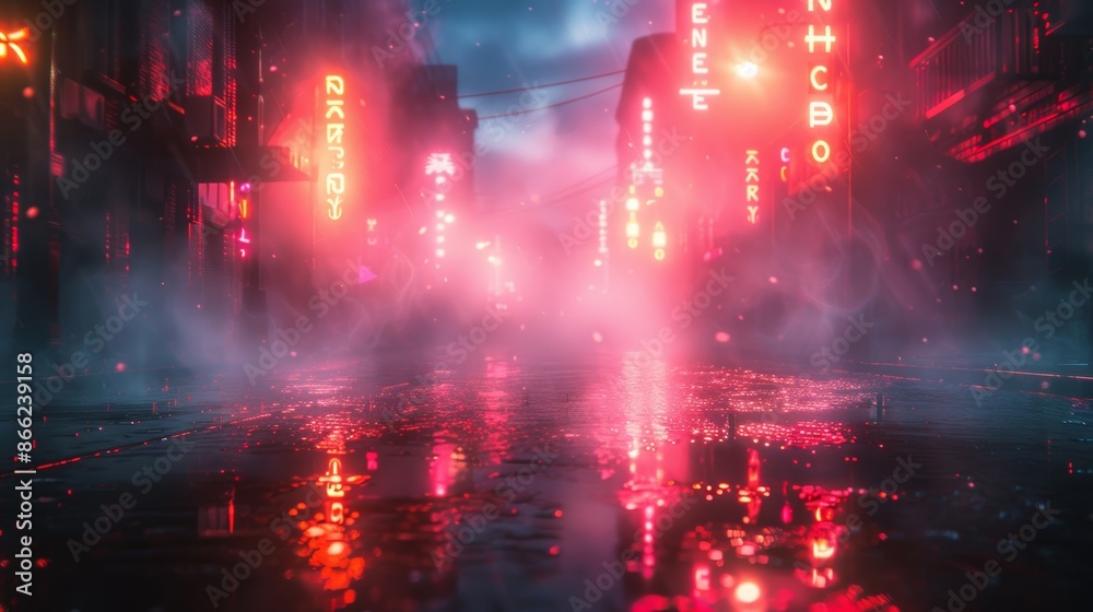 Poster neon lights illuminating a foggy, empty street with reflections and smoke creating a haunting mood.