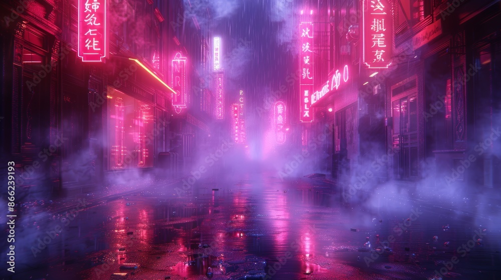 Poster neon lights illuminating a foggy, empty street with reflections and smoke creating a haunting mood.