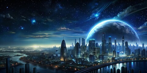 Futuristic Cityscape Under a Starry Sky