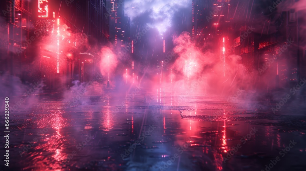 Poster neon-lit urban landscape with reflective surfaces and dense smoke creating an abstract effect.