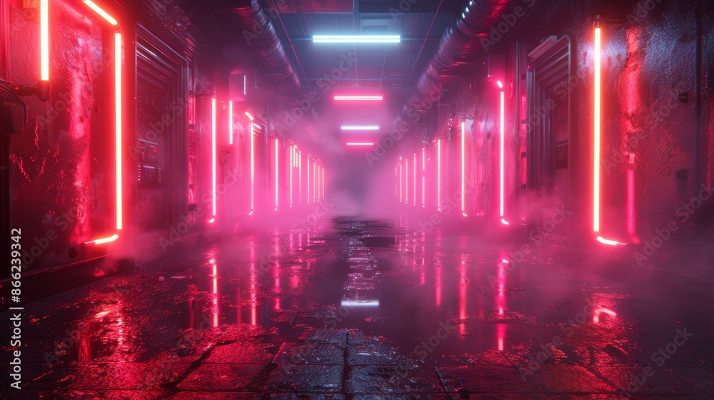 Fototapete neon-lit alleyway with reflective surfaces and abstract light patterns in dense fog.