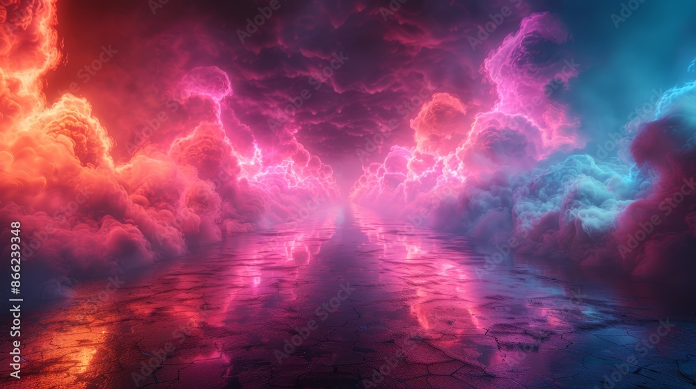 Aufkleber Neon-lit urban landscape with reflective surfaces and dense smoke creating an abstract effect.