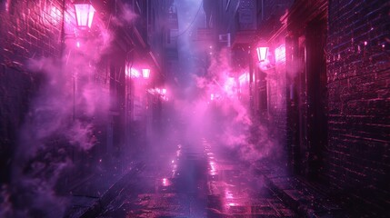 Neon-lit alleyway with reflective surfaces and abstract light patterns in dense fog. © venusvi