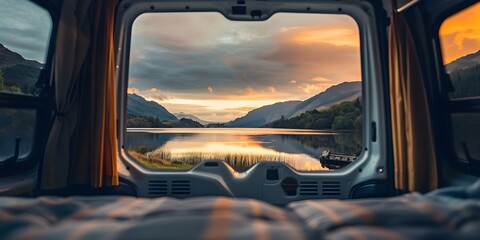 Sunset view of Loch in Scottish Highlands from campervan. Concept Sunset Photography, Loch Scenery, Scottish Highlands, Campervan Lifestyle