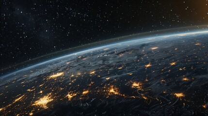Nighttime Earth from orbit with visible light patterns of human settlements and the cosmic expanse beyond