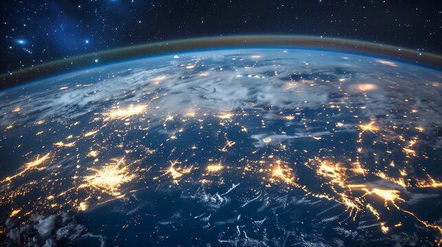 Nighttime Earth from orbit with visible light patterns of human settlements and the cosmic expanse beyond