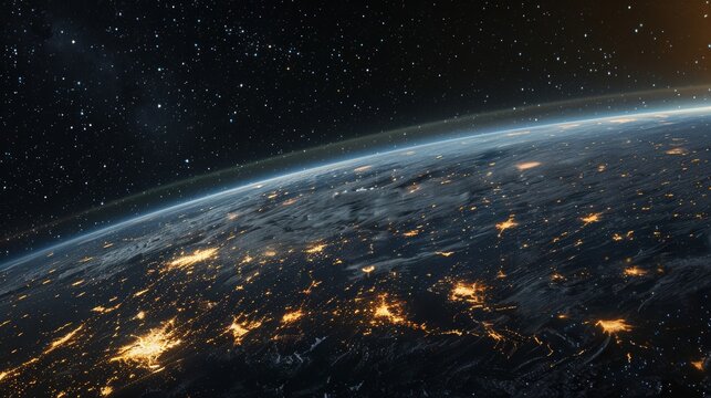 Nighttime Earth from orbit with visible light patterns of human settlements and the cosmic expanse beyond