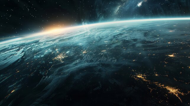 Nighttime Earth from orbit with visible light patterns of human settlements and the cosmic expanse beyond