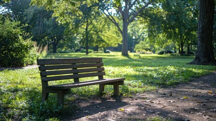 A wooden bench sits in a park, surrounded by trees and grass