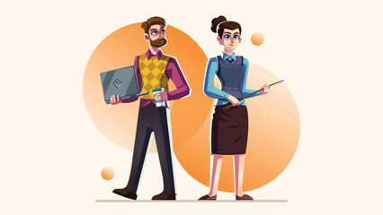 Fototapeta premium Male and Female Teachers with Laptop and Pointer - Vector Illustration