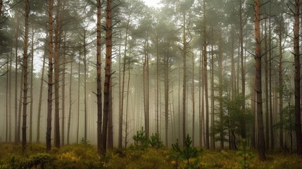 Naklejka premium Overcast day in a pine forest with heavy fog obscuring the tree tops and creating an ethereal scene