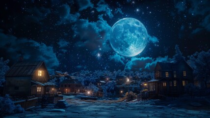 Fototapeta premium Enchanting winter night scene of a snow-covered village under a full moon. Concept of holidays, Christmas, winter wonderland