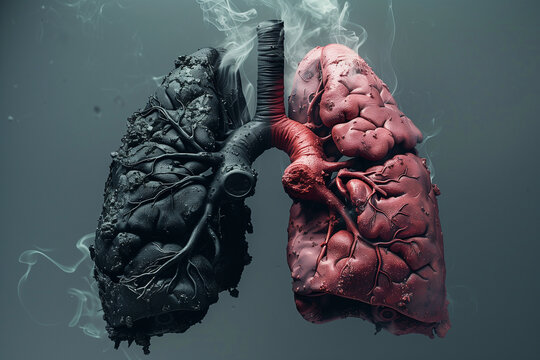 the stark difference between smokers' lungs and non-smokers' lungs. The image displays blackened, tar-filled lungs contrasted with healthy, pink lungs, highlighting the impact of s - Powered by Adobe