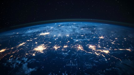 Obraz premium Planet Earth at night showing glowing continents surrounded by the darkness of space