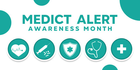 Medict Alert Awareness Month. Heart, syringe, shield and more. Great for cards, banners, posters, social media and more. White background.