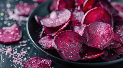 Baked beet slices. Healthy chips out of beets. Sweet and crunchy purple sweet beet chips
